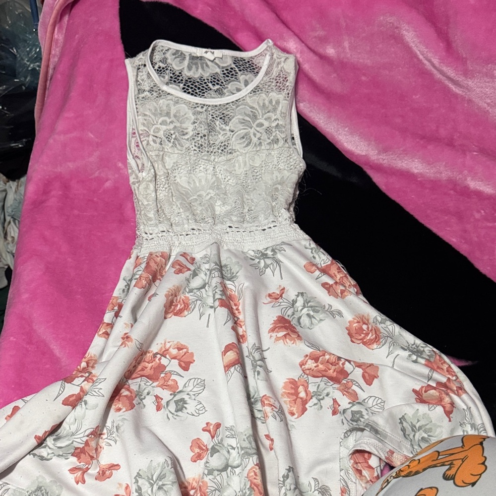 Ardene White Lace Bodice Mini Dress with Coral Floral Print